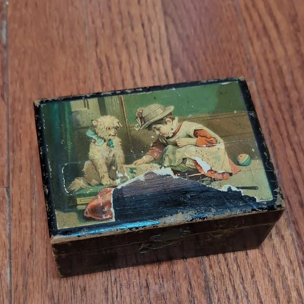 Vintage Wooden Box with Child and Dog Illustration 3 1/4